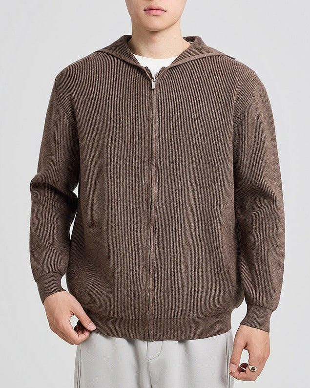 Cardigan en maille côtelée à capuche marron, fermeture éclair intégrale, vue de face