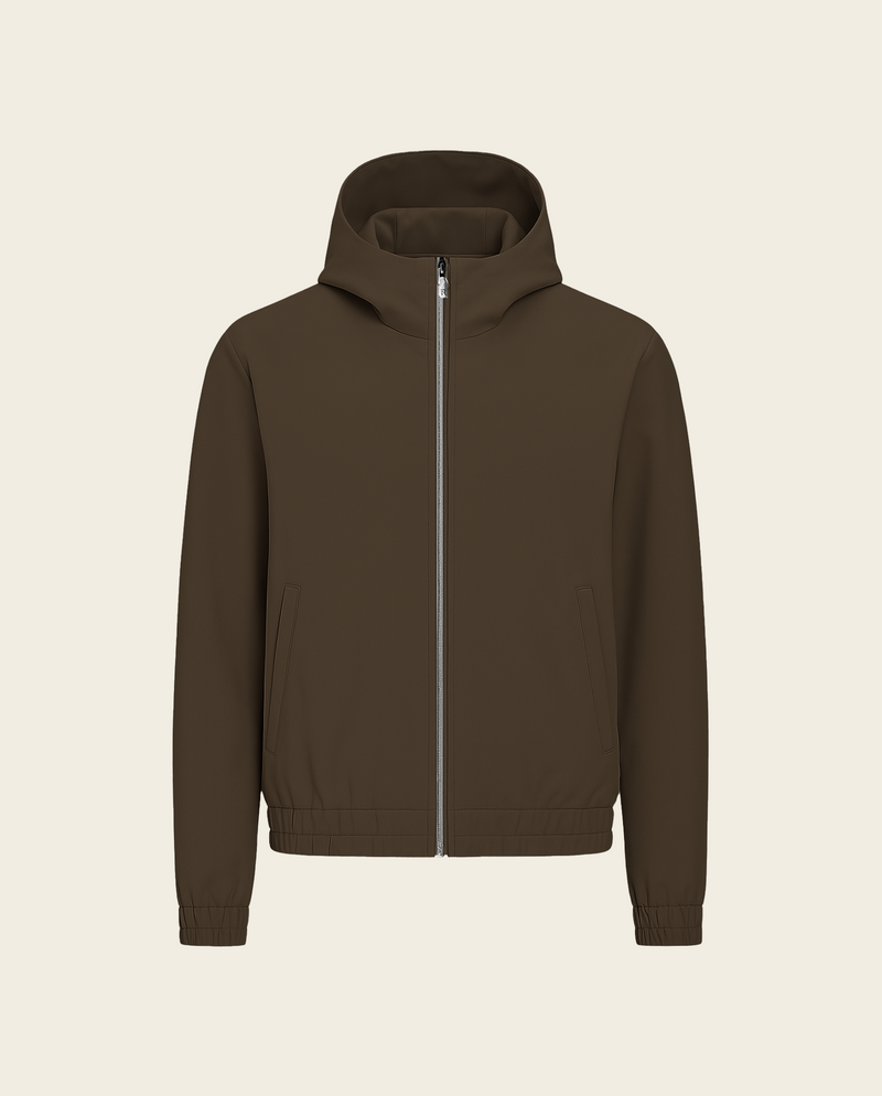 Veste zippée à capuche brun olive foncé, photo produit sur fond craie
