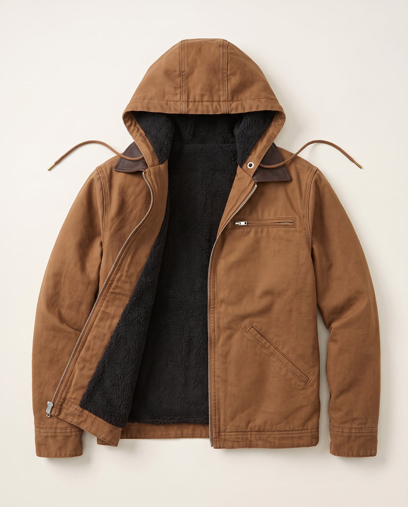 Veste à capuche Drake en marron à plat, capuche déployée, doublure pelucheuse sombre, fermeture éclair et cordons visibles.