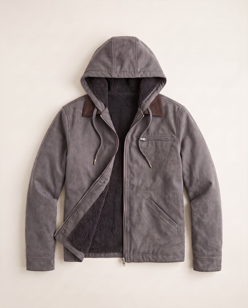 Veste à capuche Drake en gris à plat, capuche déployée, col marron foncé contrastant.