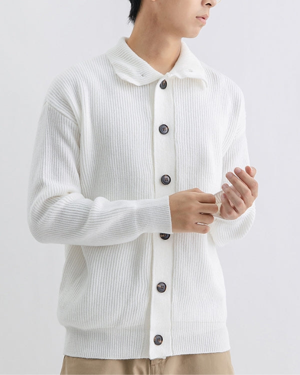White ribbed button cardigan with a flat collar, front view