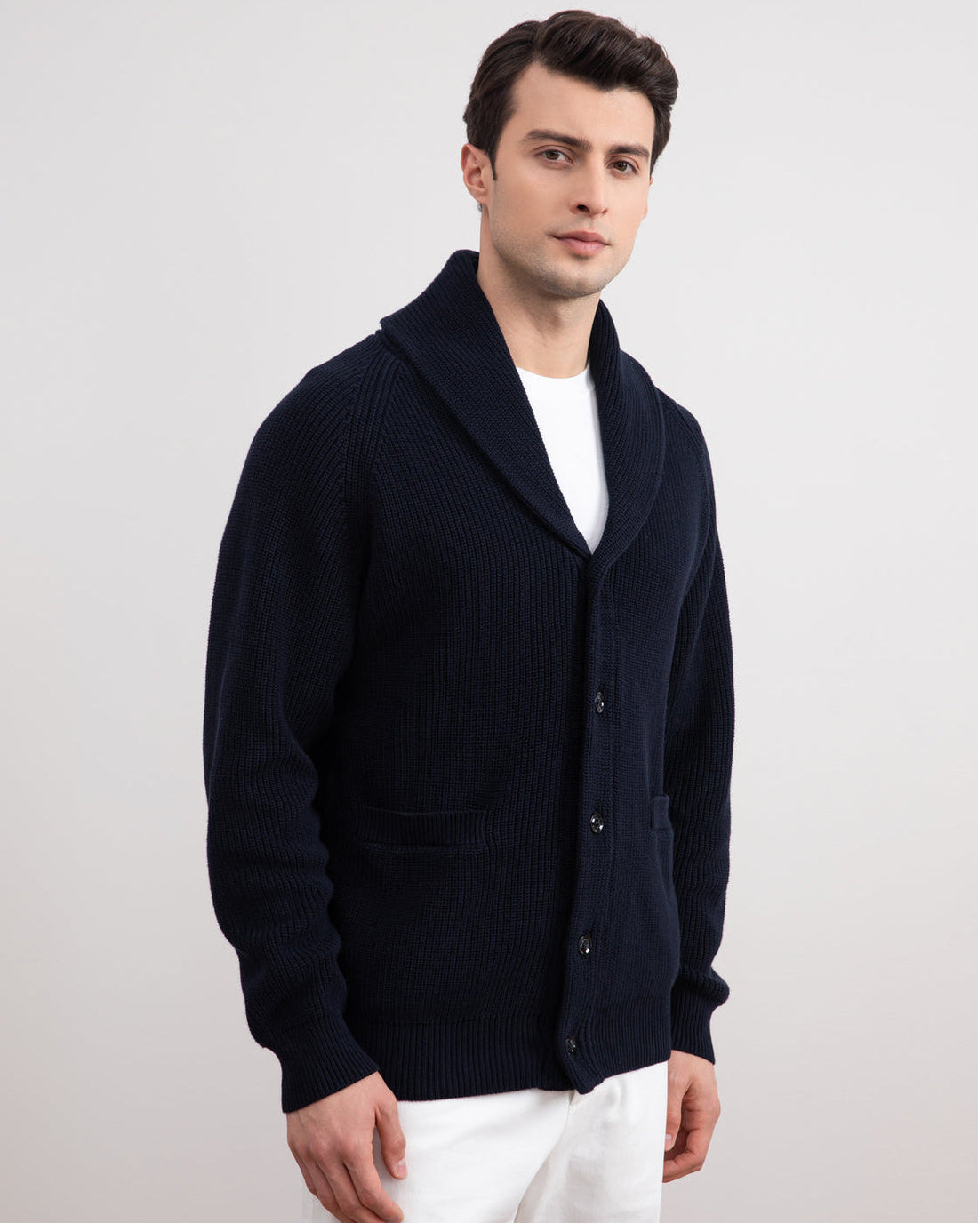 Navy ribbed shawl-collar cardigan, three-quarter front view