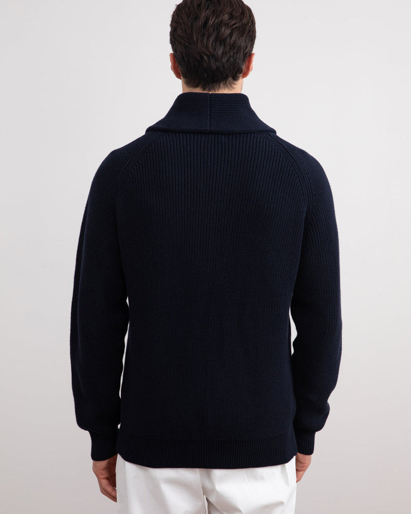 Cardigan en maille côtelée bleu marine à col châle, vue de dos