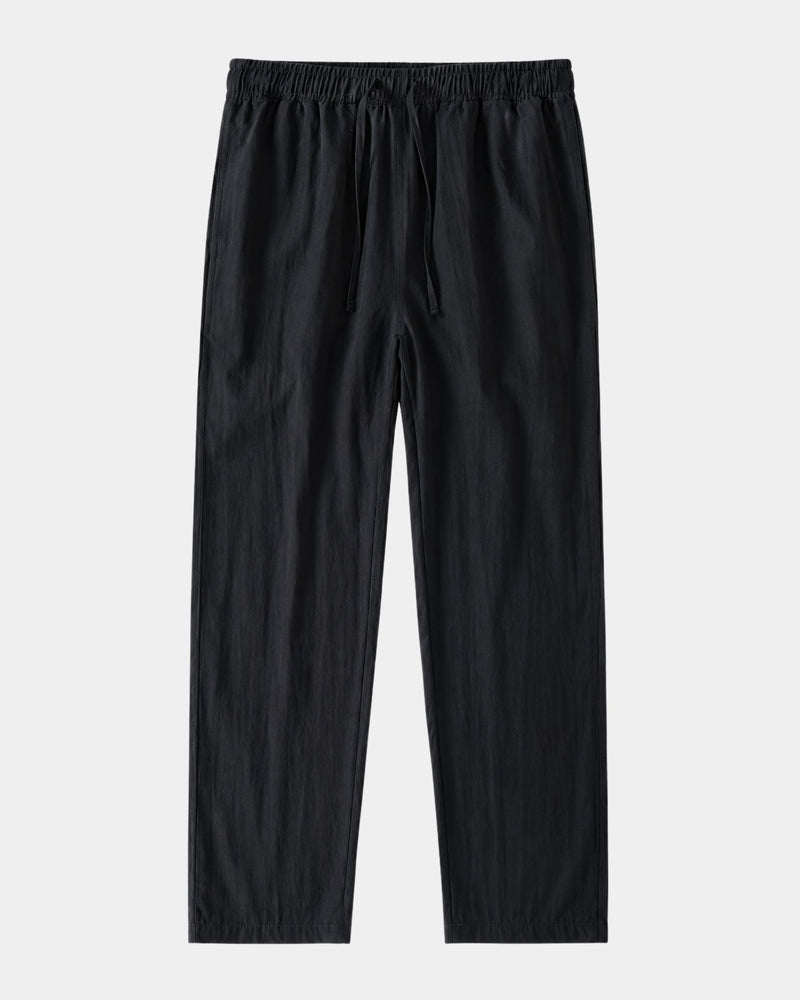 Pantalon noir à cordon de serrage et taille élastiquée, photo produit à plat