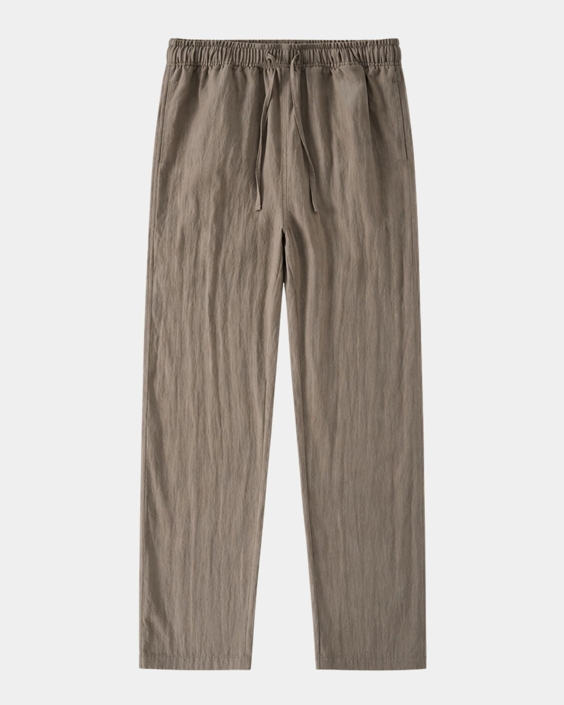 Khaki drawstring trousers with an elasticated waist, flat product shot