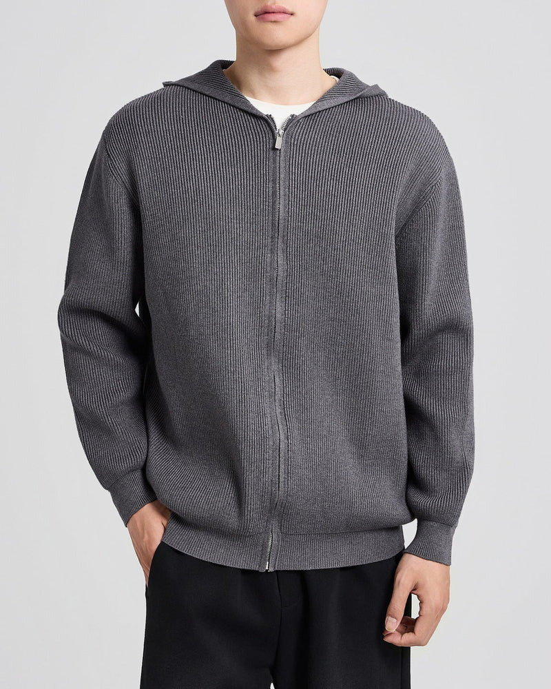 Cardigan en maille côtelée à capuche gris foncé, fermeture éclair intégrale, vue de face