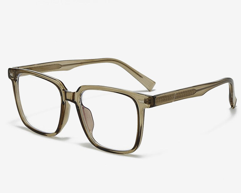 Lunettes à monture carrée olive translucide à verres transparents, photo produit en angle