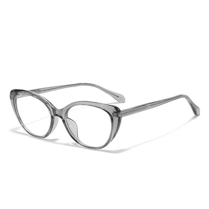 Lunettes à monture œil-de-chat gris translucide à verres transparents, photo produit en angle
