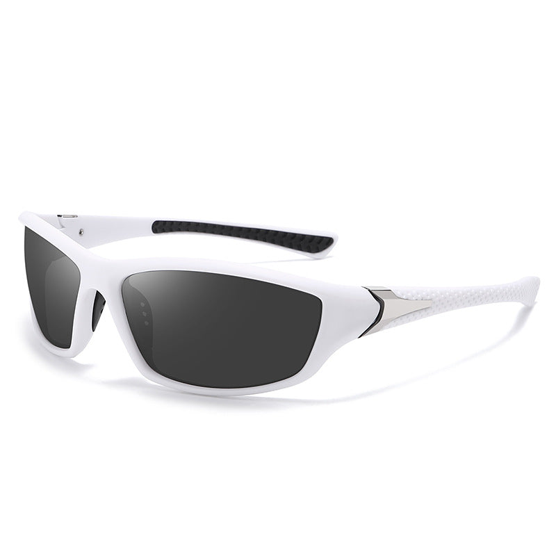 White wraparound sports sunglasses with dark lenses, angled product view