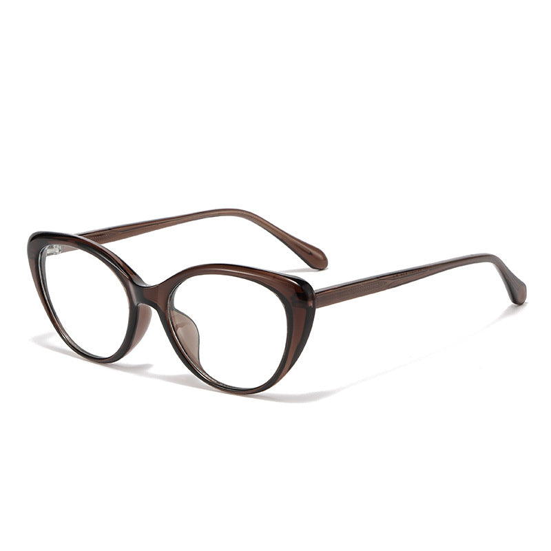 Lunettes à monture œil-de-chat marron foncé à verres transparents, photo produit en angle