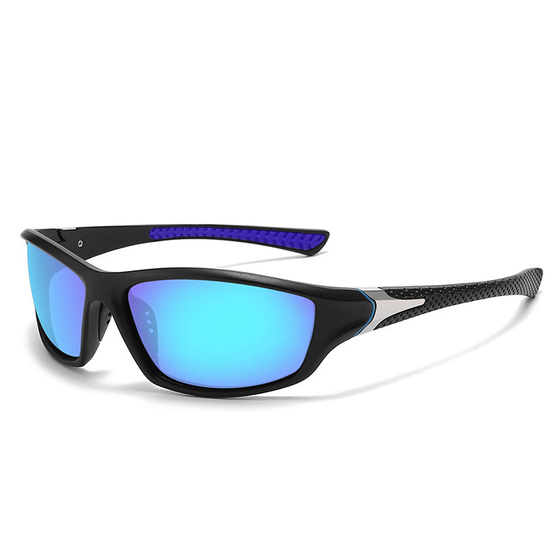 Black wraparound sports sunglasses with blue mirrored lenses, angled product view