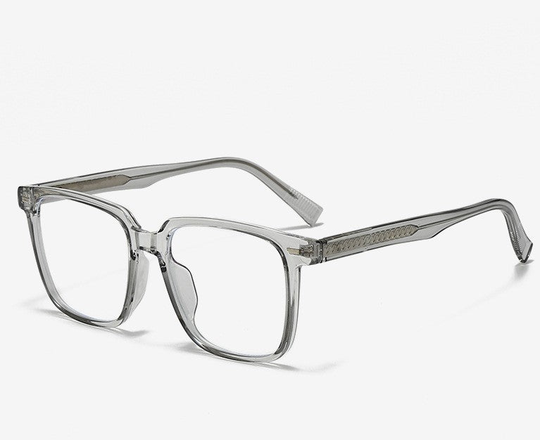 Lunettes à monture carrée gris translucide à verres transparents, photo produit en angle