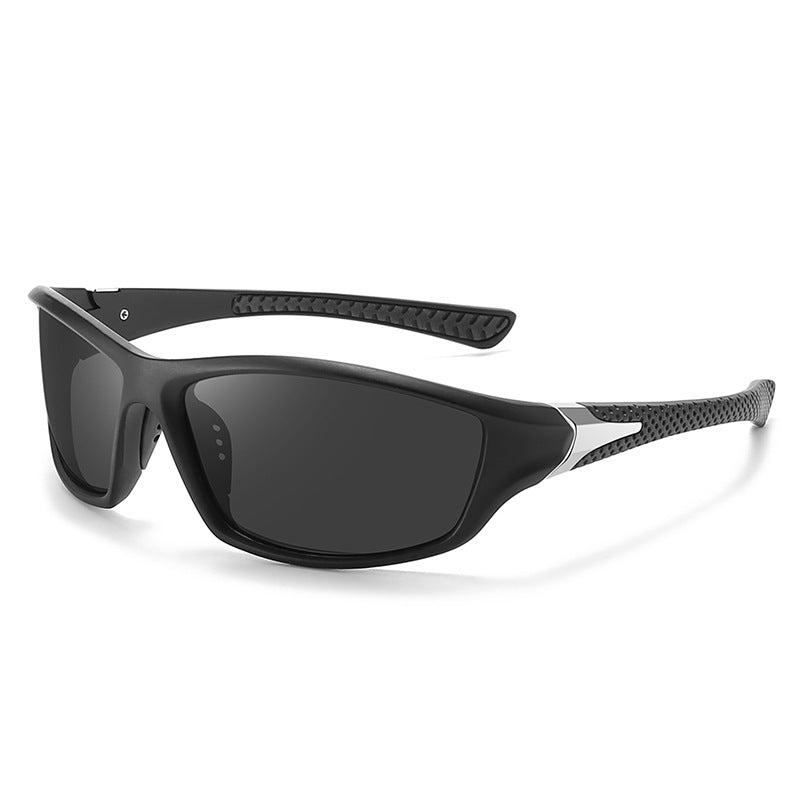 Black wraparound sports sunglasses with dark lenses, angled product view