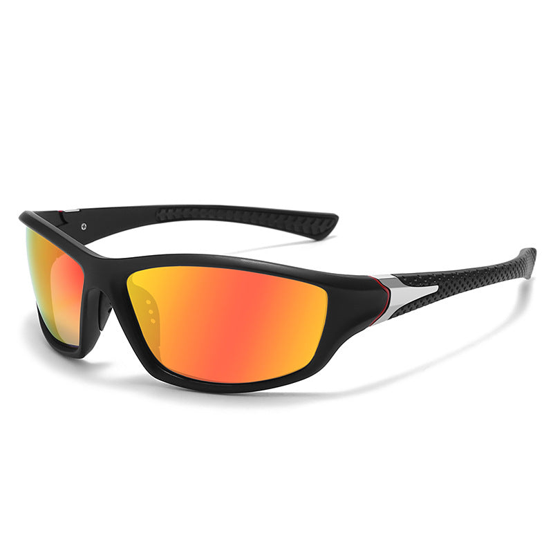 Black wraparound sports sunglasses with orange mirrored lenses, angled product view