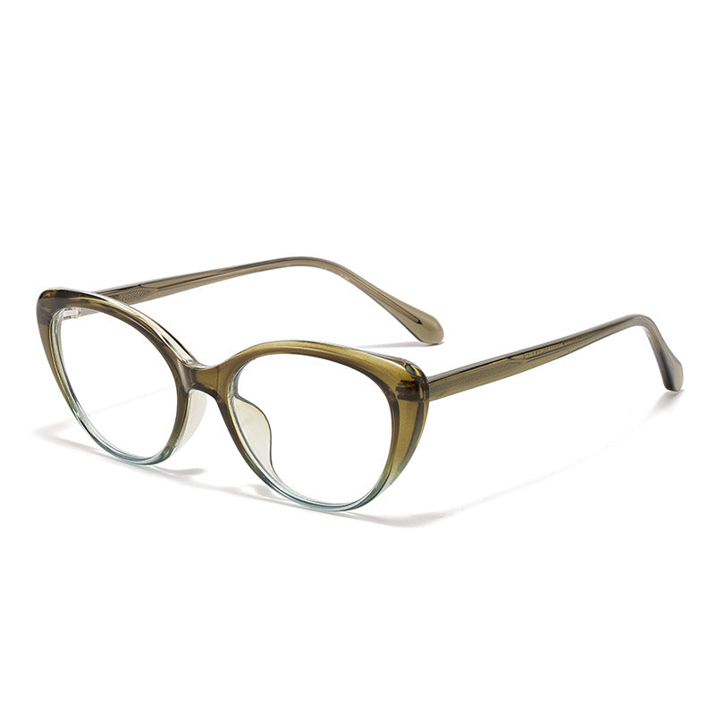 Lunettes à monture œil-de-chat olive à verres transparents, photo produit en angle