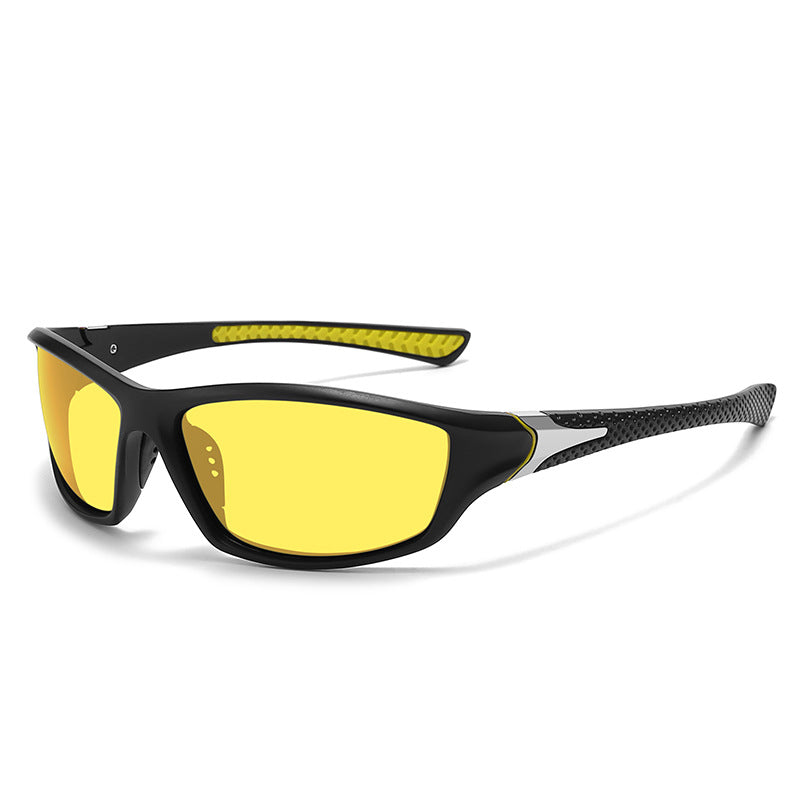 Black wraparound sports sunglasses with yellow lenses, angled product view