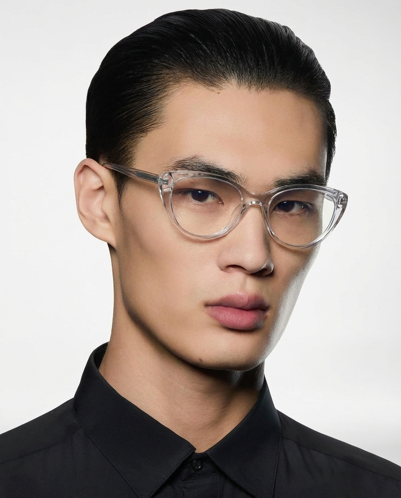 Homme portant des lunettes à monture œil-de-chat transparente, vue de face