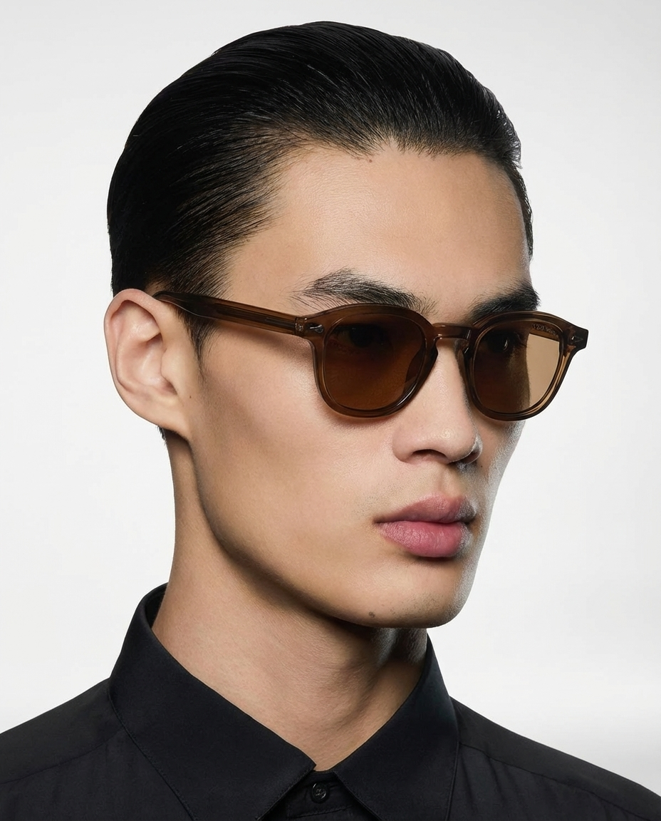 Man wearing brown round-frame sunglasses with brown lenses, three-quarter view