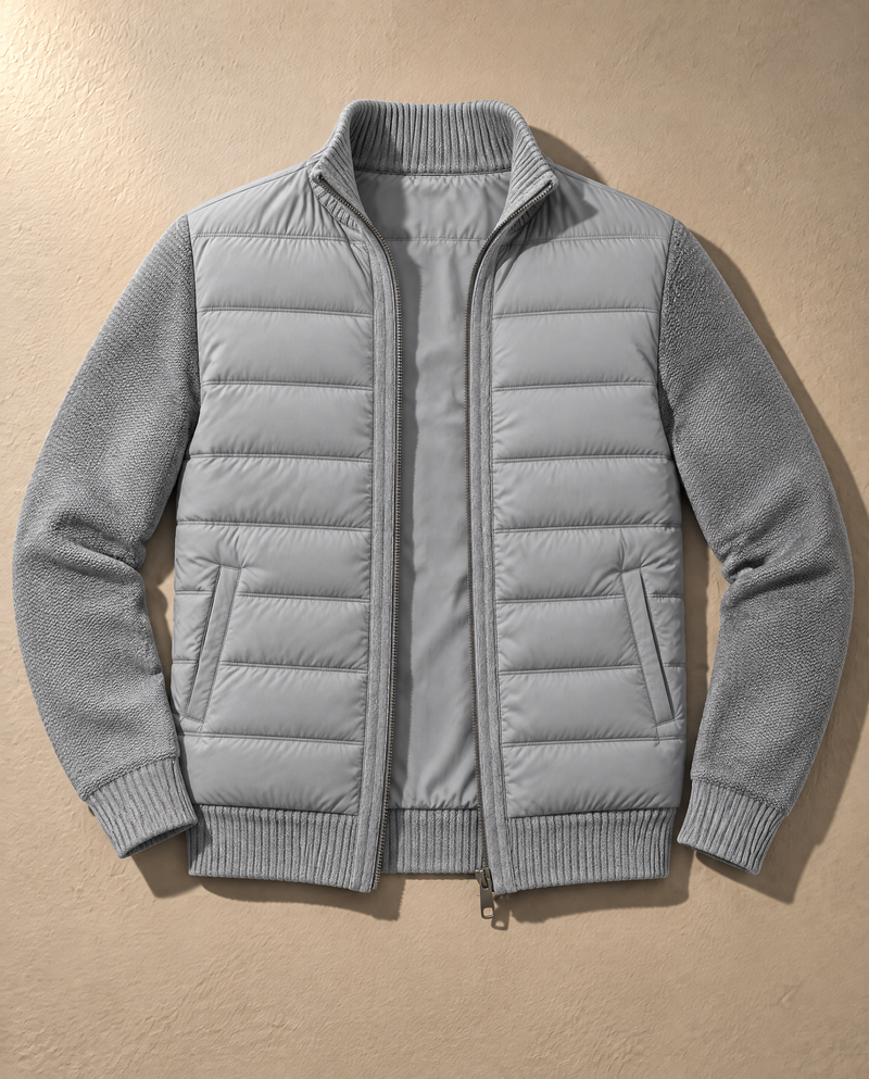 Bellardi Hybrid Puffer Jacket in Light Grey, flat lay, unzipped and laid flat
