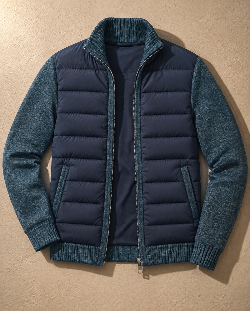 Bellardi Hybrid Puffer Jacket in Navy Blue, flat lay, showing the navy quilted front panel and contrasting petrol-teal knit sleeves