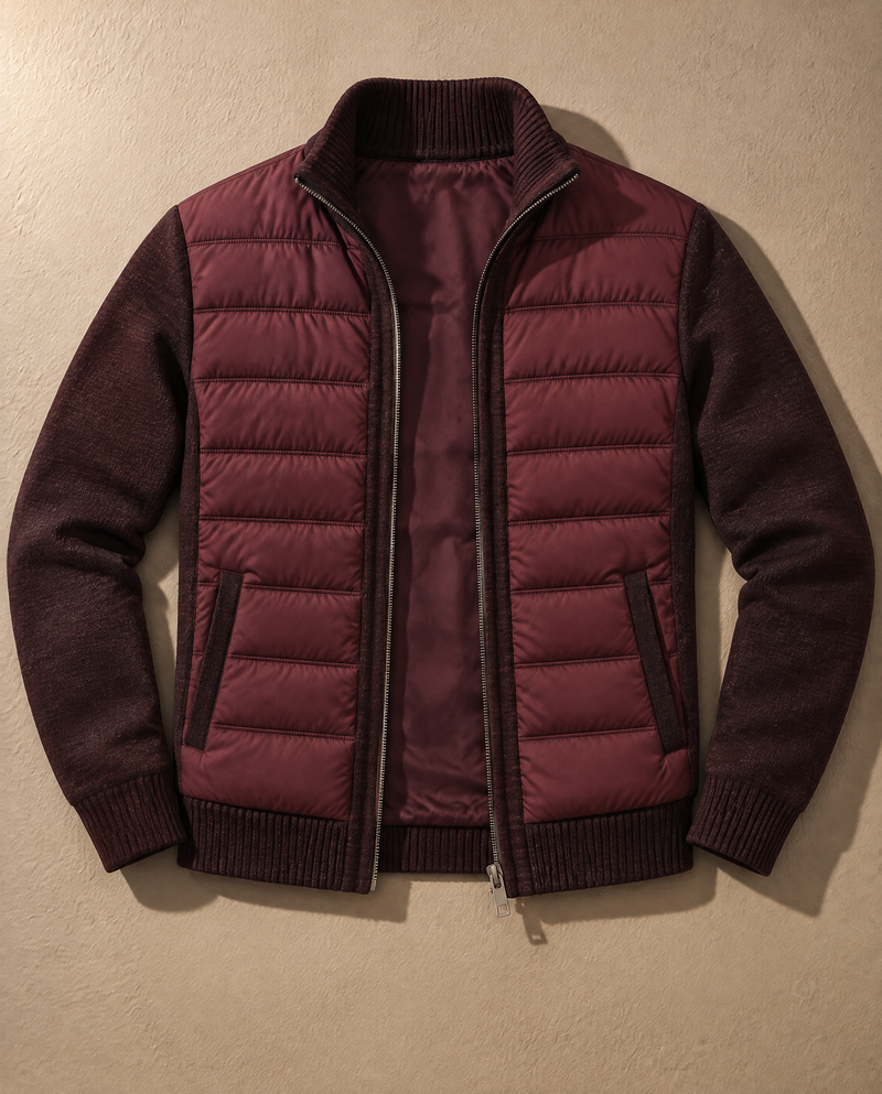 Bellardi Hybrid Puffer Jacket in Burgundy, flat lay, unzipped and laid flat