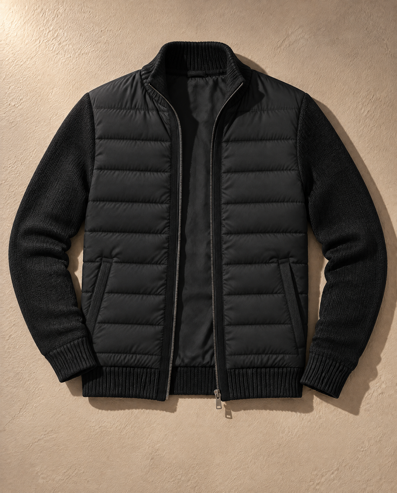 Bellardi Hybrid Puffer Jacket in Black, flat lay, unzipped and laid flat