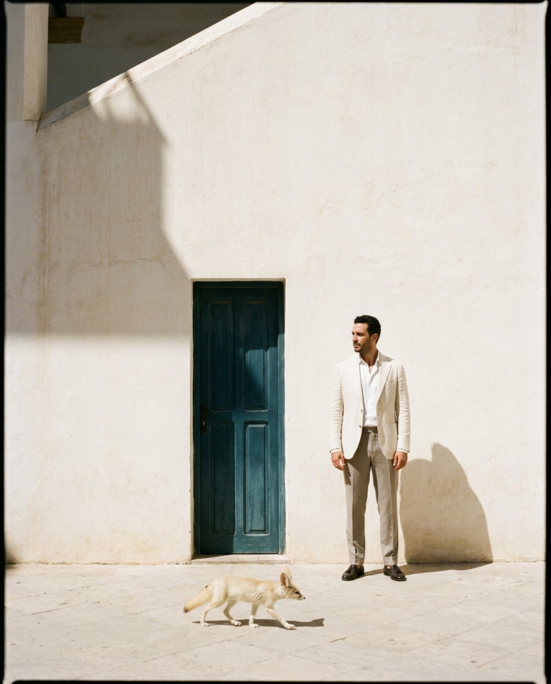A man in quiet cream tailoring stands against a sunlit whitewashed courtyard wall beside a blue-green door, as a fennec fox crosses the foreground.