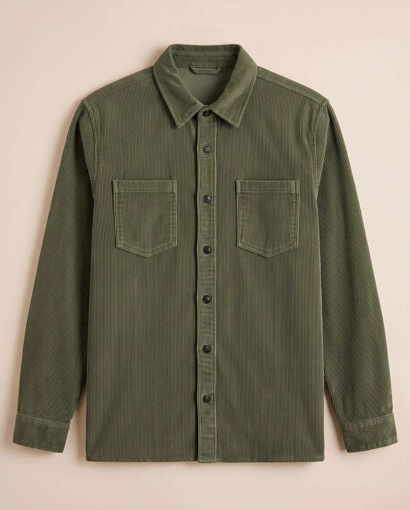Army green corduroy overshirt laid flat on a chalk background, front view, fully buttoned