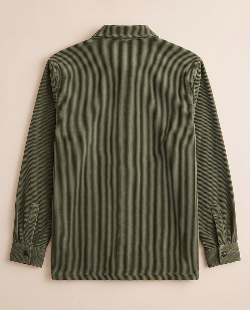 Army green corduroy overshirt laid flat on a chalk background, back view, plain with no applied detail