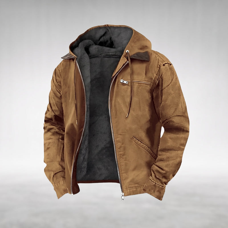 Brown Drake hooded jacket, shown open with the silver centre-front zip undone, fixed hood lined in dark plush fleece, dark-brown pointed contrast collar, two welt pockets on the right front panel, product shot on a plain grey background.