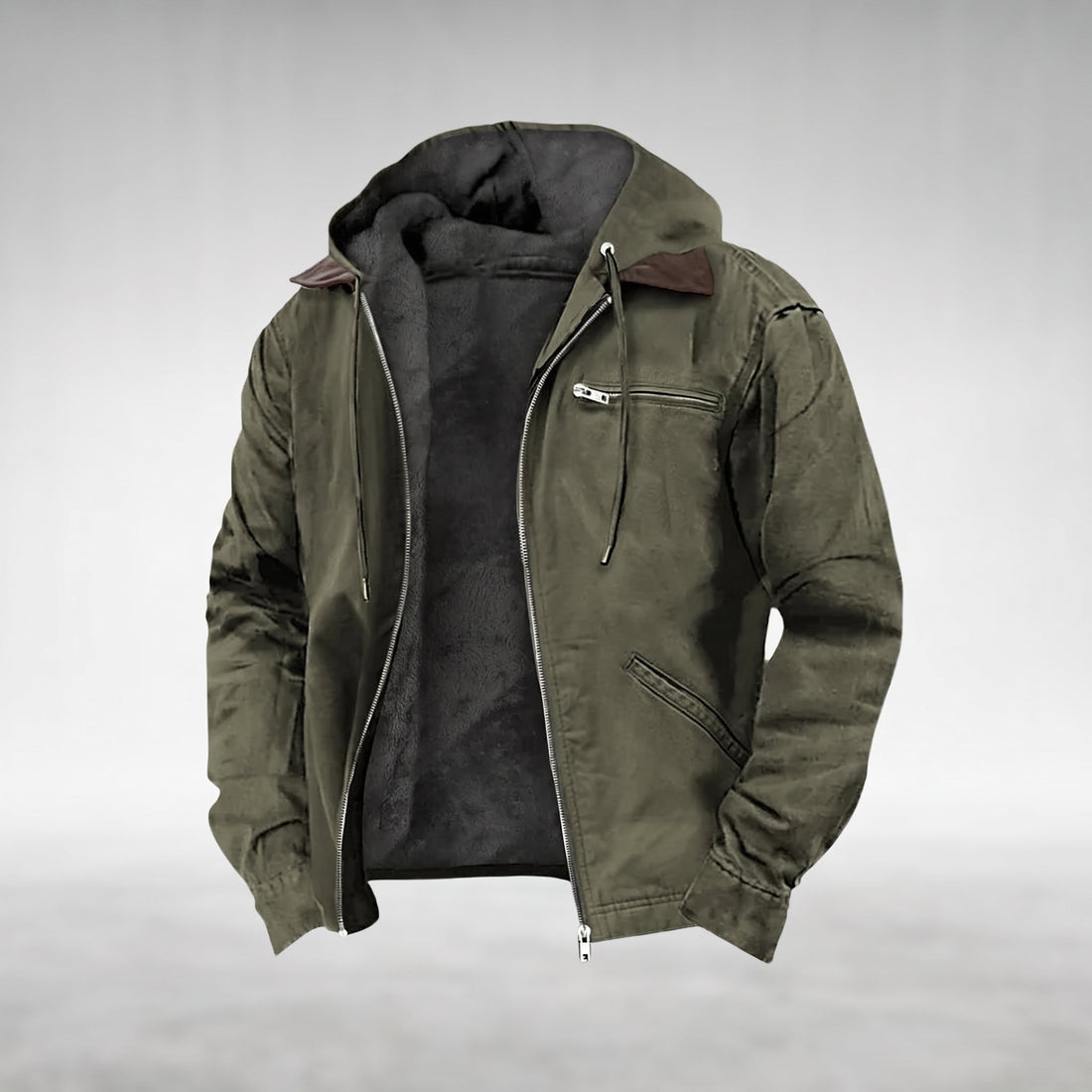 Olive khaki-toned Drake hooded jacket, listed under the colour option "Light Green", shown open with the silver centre-front zip undone, fixed hood lined in dark plush fleece, dark-brown pointed contrast collar, two welt pockets on the right front panel, product shot on a plain grey background.