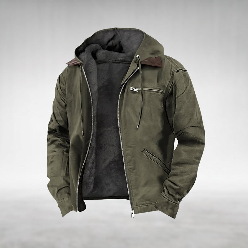 Olive khaki-toned Drake hooded jacket, listed under the colour option "Light Green", shown open with the silver centre-front zip undone, fixed hood lined in dark plush fleece, dark-brown pointed contrast collar, two welt pockets on the right front panel, product shot on a plain grey background.