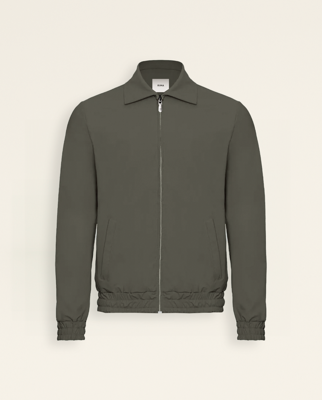 Olive-green zip jacket with a flat collar, flat product shot on a chalk background
