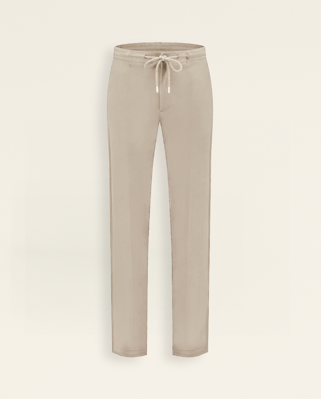 Beige drawstring trousers, flat product shot on a chalk background