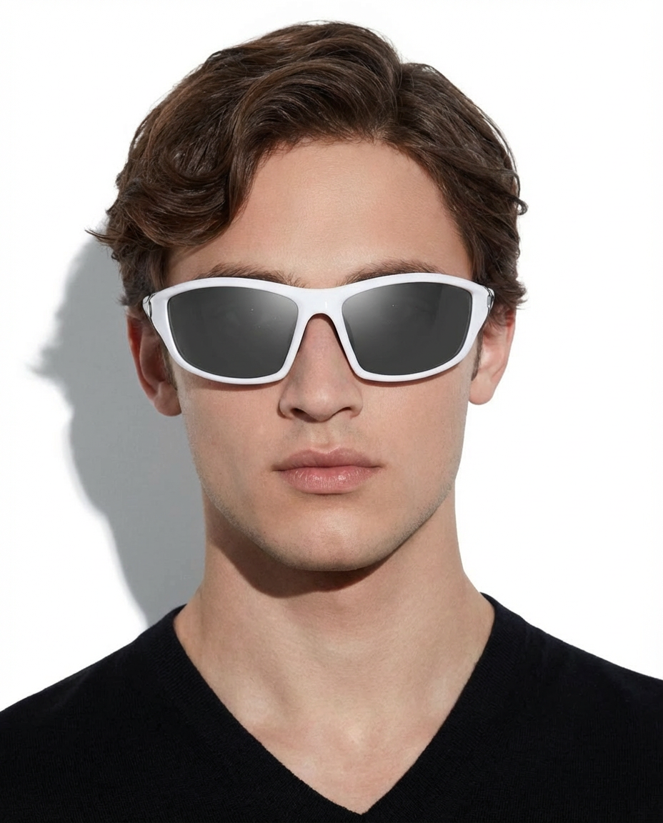 Man wearing white wraparound sports sunglasses with dark lenses, front view
