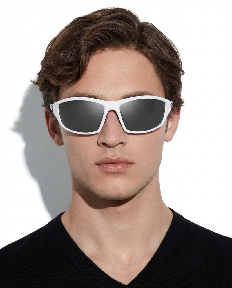 Man wearing white wraparound sports sunglasses with dark lenses, front view