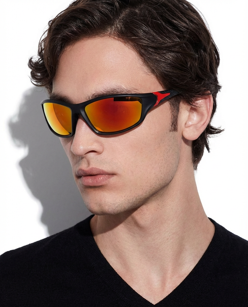 Man wearing black and red wraparound sports sunglasses with orange mirrored lenses, front view