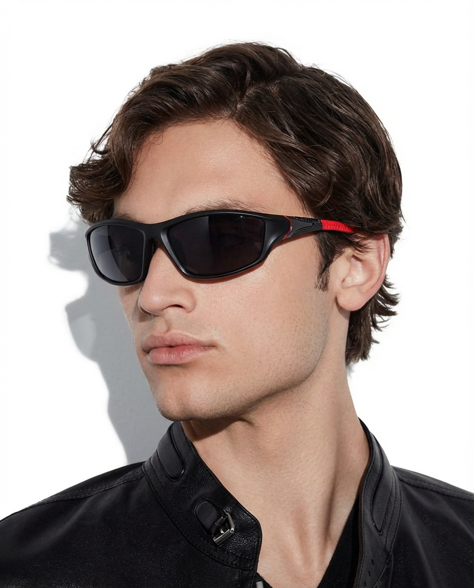 Man wearing black and red wraparound sports sunglasses with dark lenses, three-quarter view