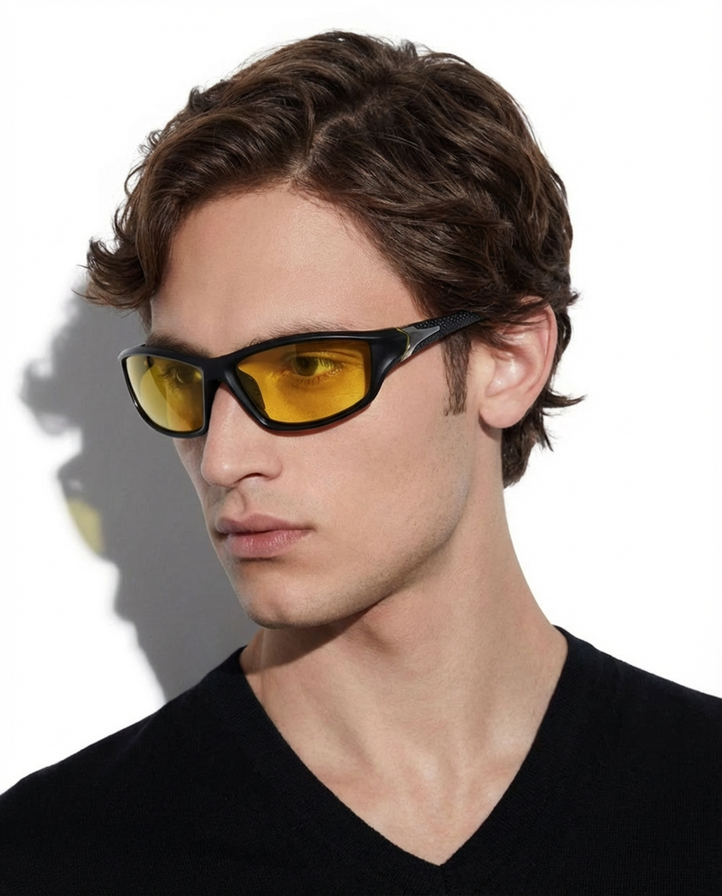 Man wearing black wraparound sports sunglasses with yellow lenses, three-quarter view
